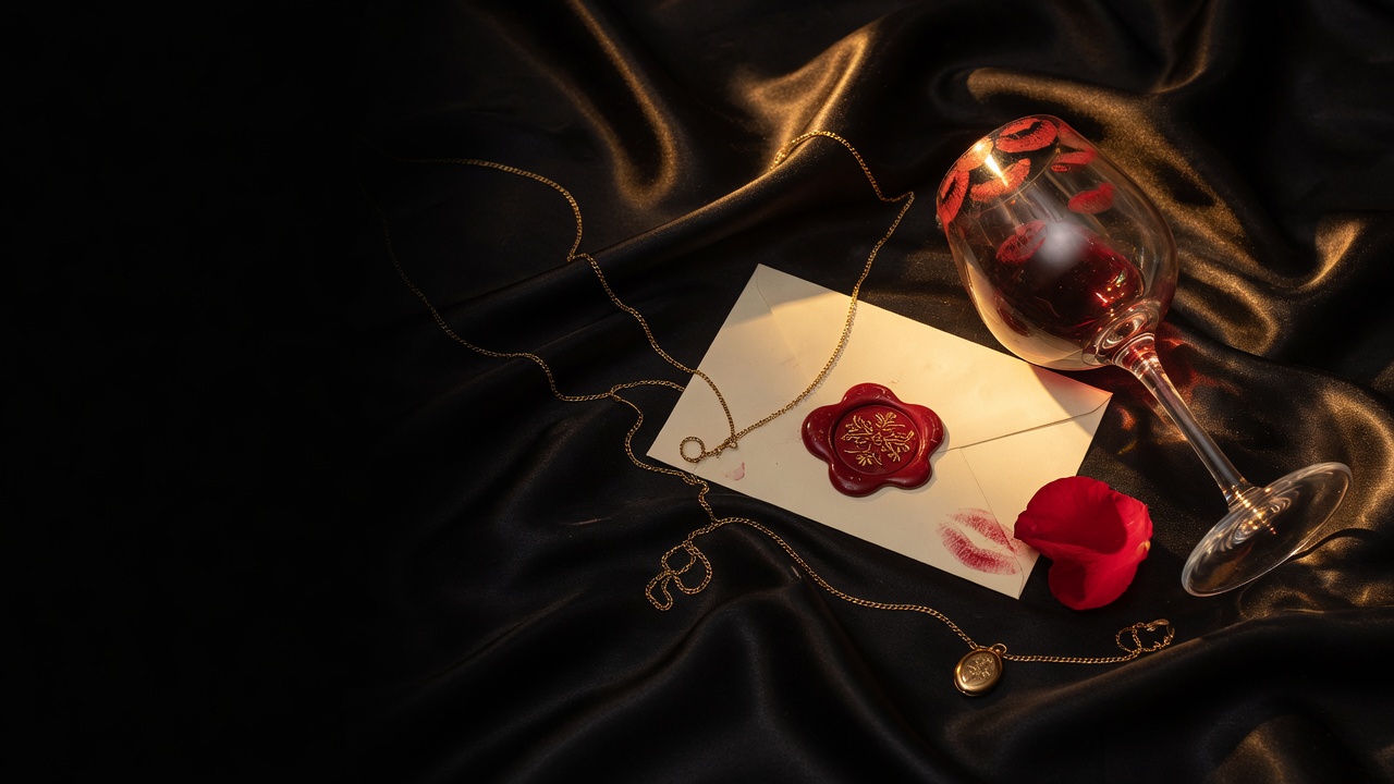 Black silk, sealed letter, lipstick on a wine glass, gold chain