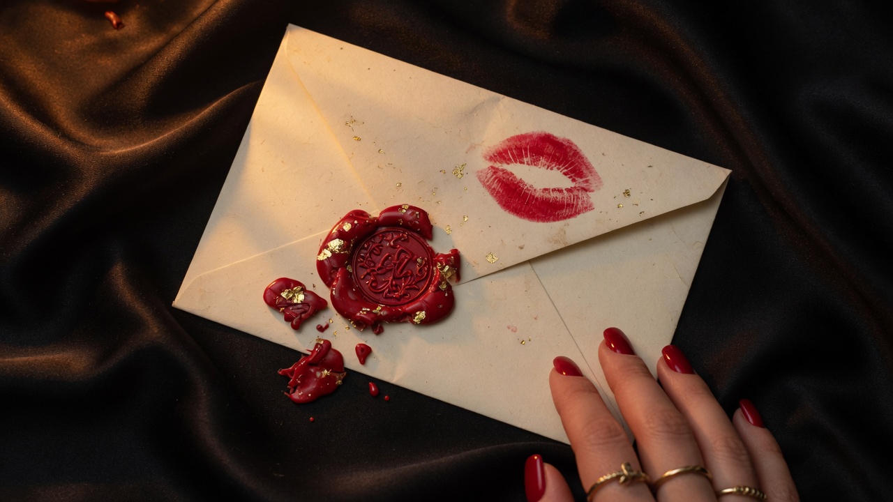 Letter with a lipstick kiss and broken red wax seal